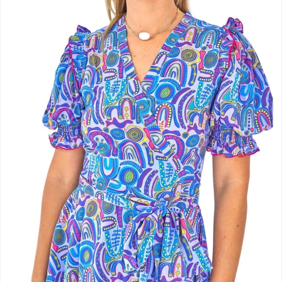 Feather And Find Genova Wrap Dress Spirit Of Dadirri Gathered Short Sleeves Sz L - Picture 5 of 12